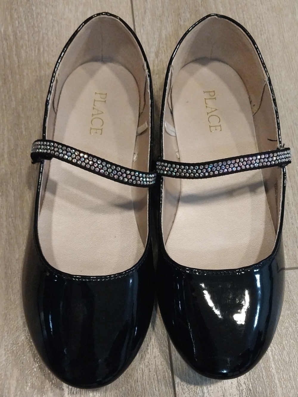 Place Black Patent Mary Jane Flats with Rhinestone Strap